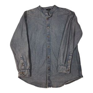J. Peterman Blue Denim Mandarin Collar Shirt Classic Casual Medium Small Hole